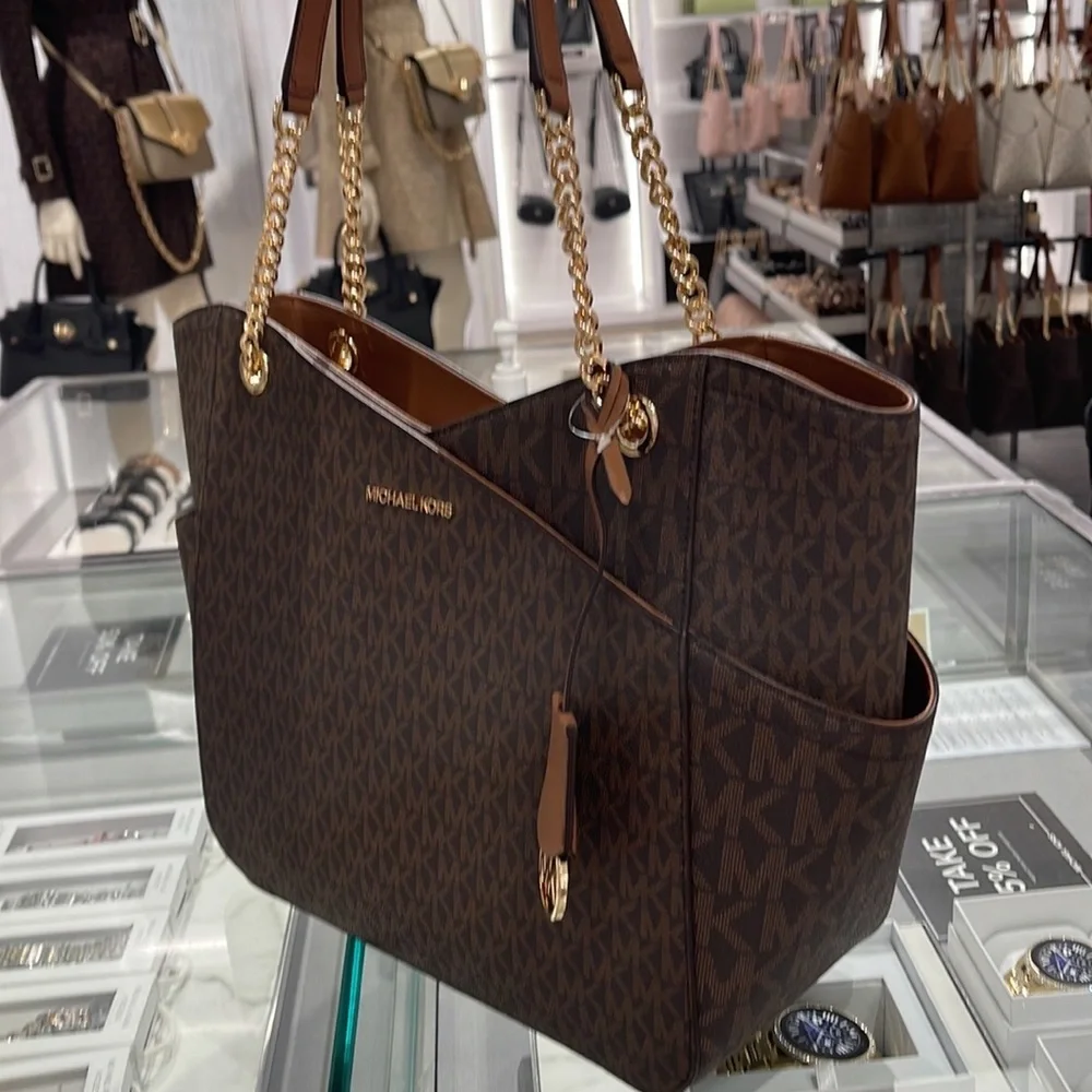 Michael Kors Jet Set Travel Large Chained Tote Shoulder Bag MK Brown NWT